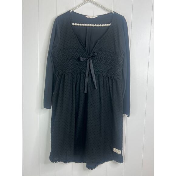 Odd Molly Black Swiss Dot V Neck Long Sleeve Mini Dress Size M - Picture 1 of 8